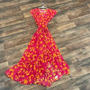 Hot pink and yellow flower wrap maxi dress with ruffles - Size S